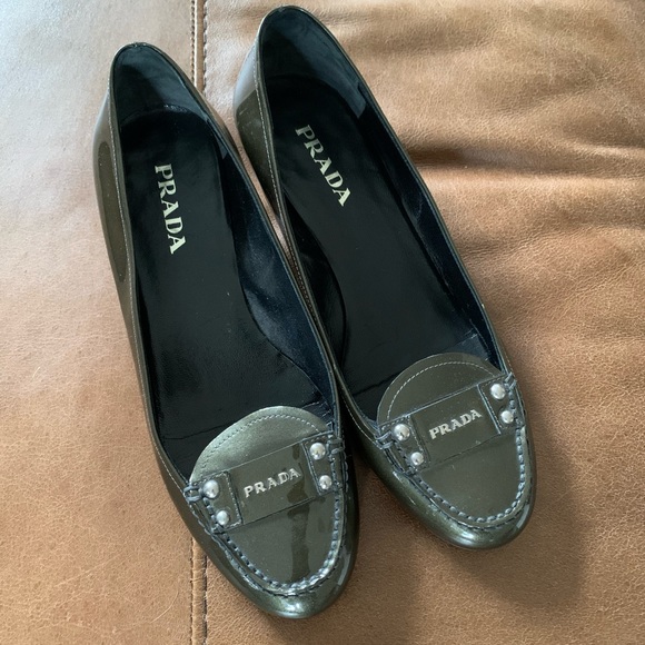 Prada Shoes - Prada Olive Green Patent Leather Loafers size 7
